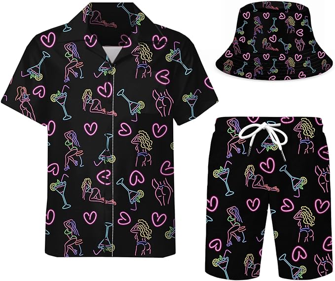 DOOPCCOR Men's 3 Piece Tracksuit Cuban Collared funny Hawaiian Shirt Shorts Button Down Sets With Bucket Hats