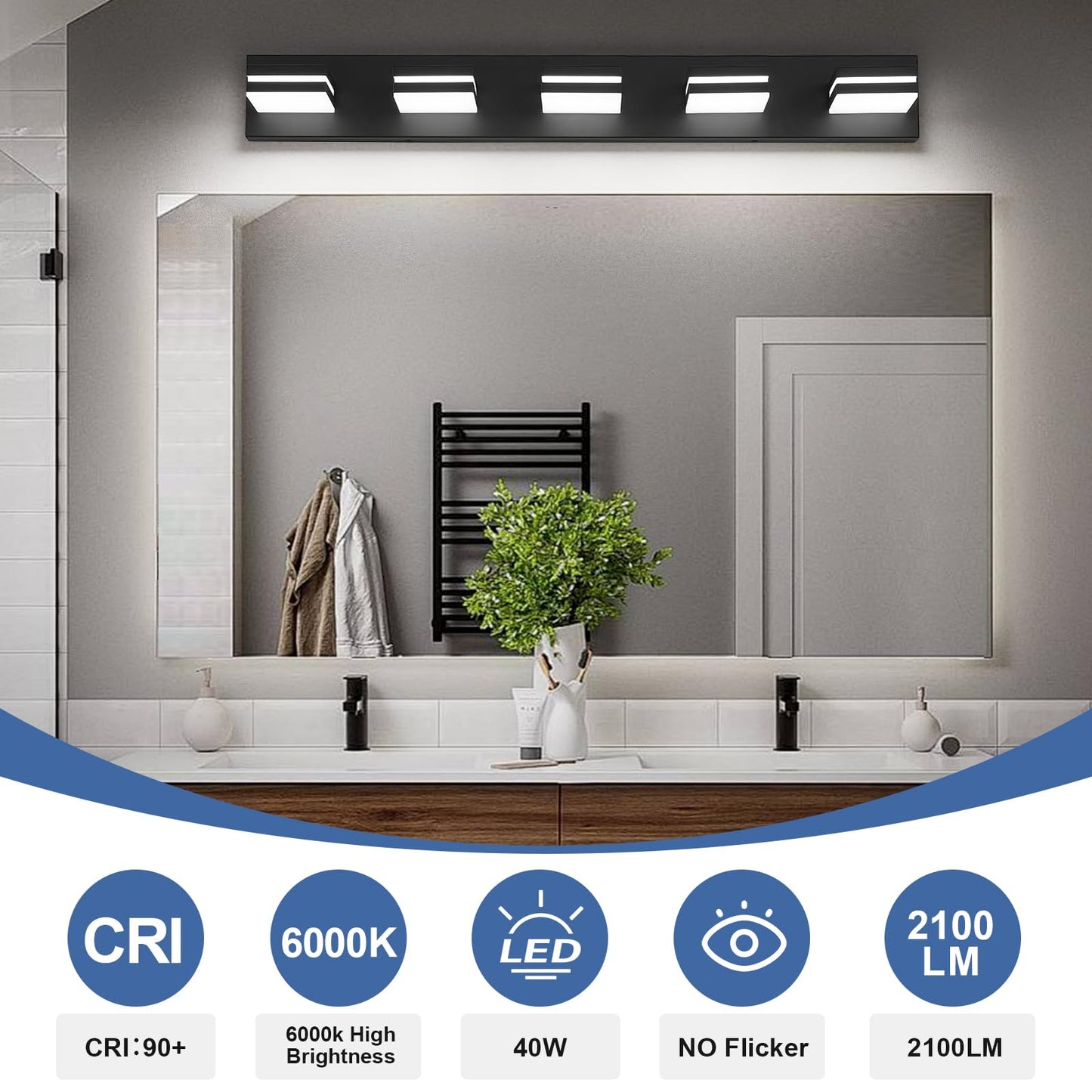 JZEKVN Modern LED Bathroom Lights Fixtures(5-Light),Metal Black Acrylic Wall Lighting,Vanity Lights for Bathroom Over Mirror(6000k 34in)