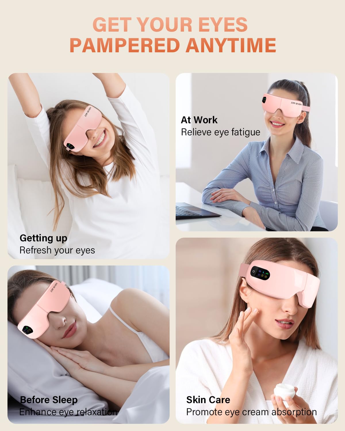 ZZR SEVEN Eye Massager with Heat, 7 Heating and Vibration Modes, Eye Mask, Birthday Gifts for Women, Men, Friend, Mom and Dad, Sleep Mask for Relax, Migraine Relief, Improve Sleep, Pink