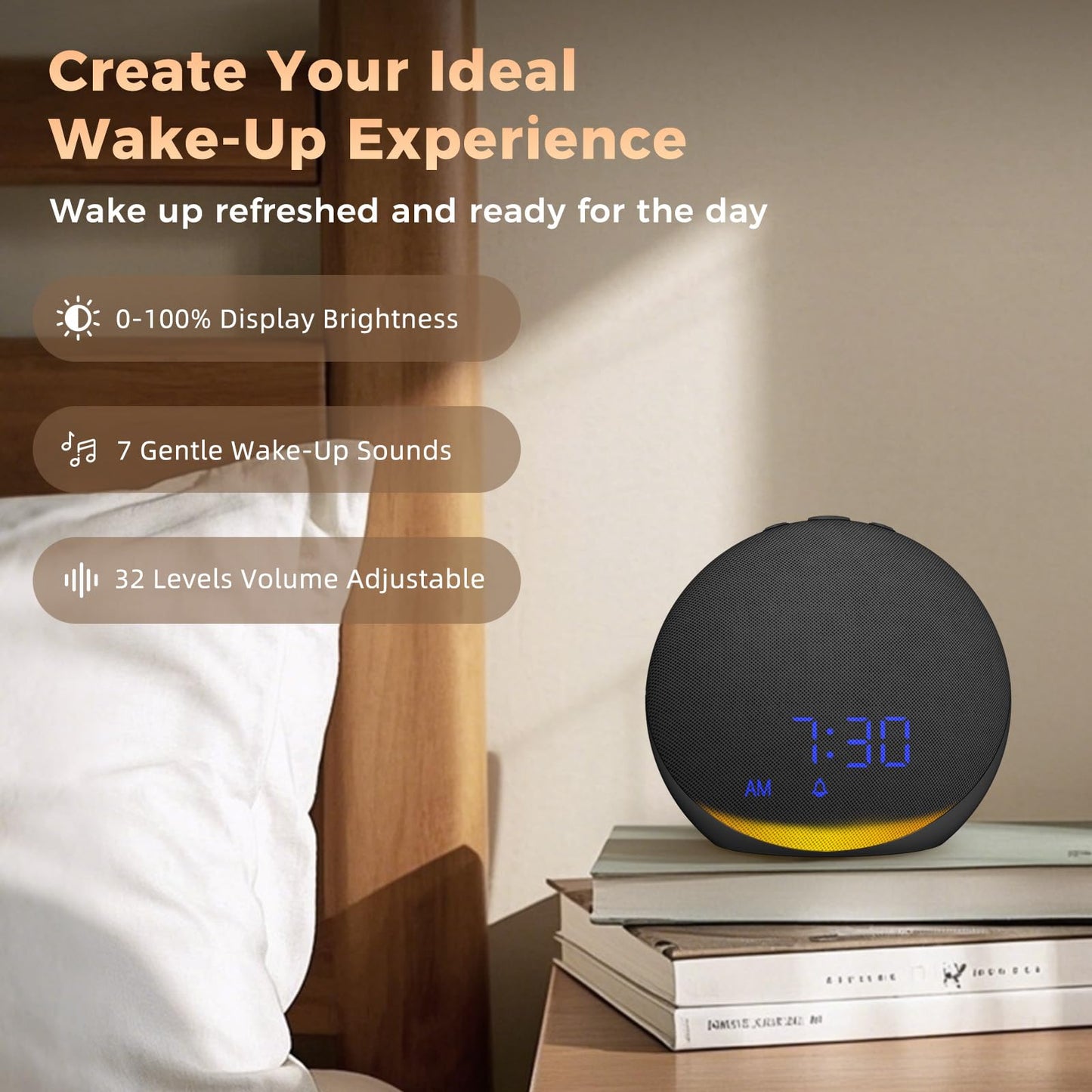 Sound Machine Alarm Clock for Bedroom: 25 Natural Sleep Sounds - White Noise Machine for Adults Kids Baby - Gentle Wake Up Alarm with Bluetooth Speaker - Black