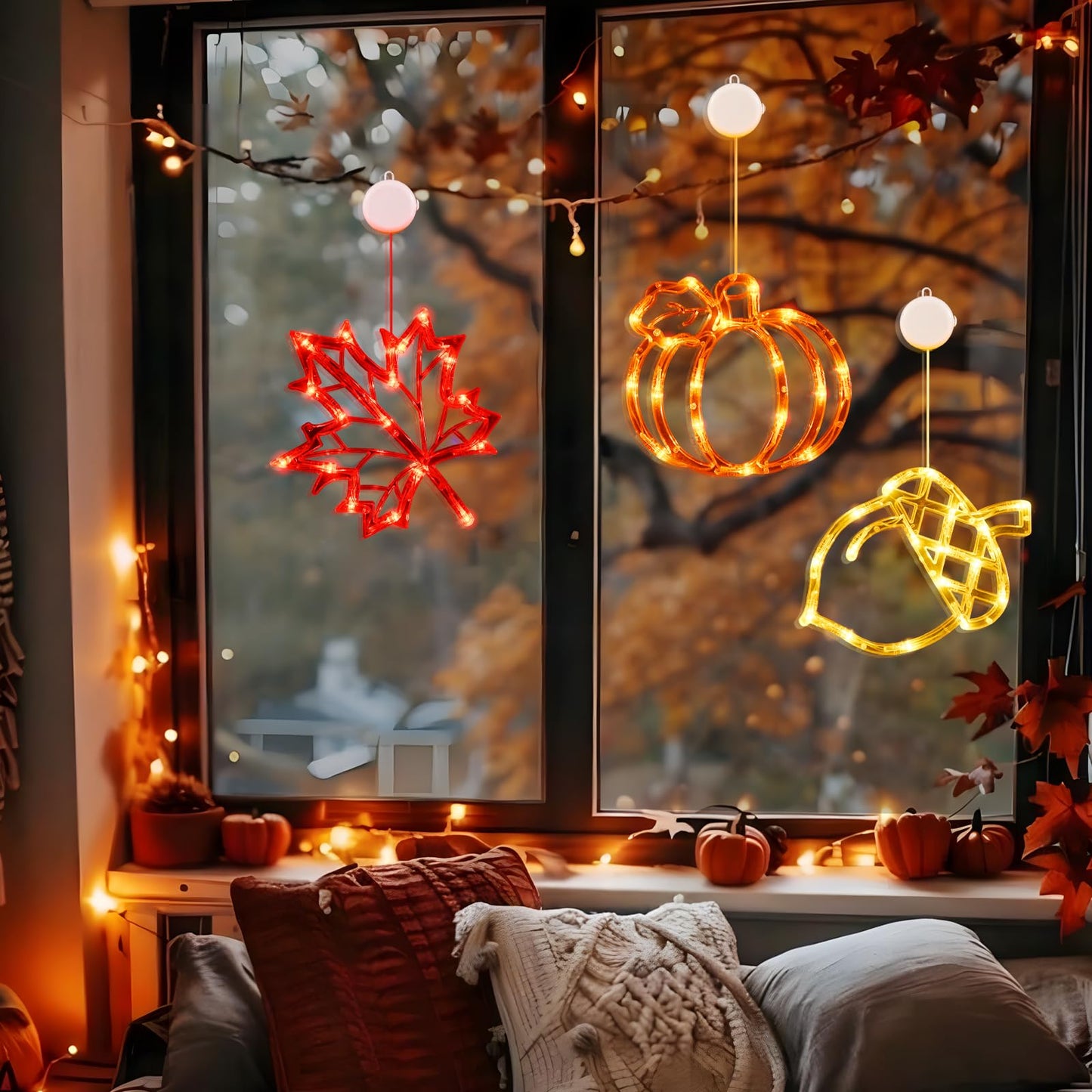 Lolstar Fall Decor Window Lights 2025 Thanksgiving Decorations Acorn Maple Leaves Pumpkin Led Lights With Suction Cups Battery Operated(unique design) Slow Fade Mode Timer Autumn Decorations For Home