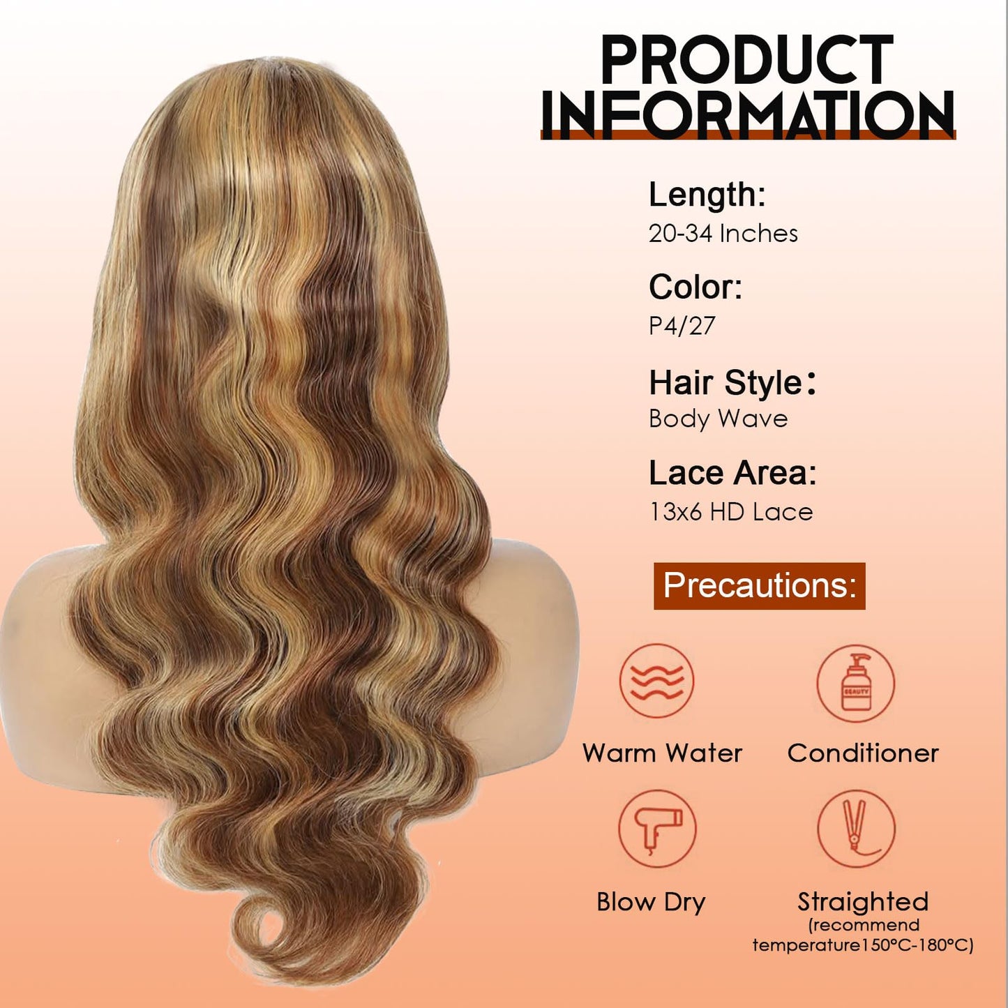 Hepnok Highlight Ombre Lace Front Wig Human Hair Body Wave 13x6 HD Lace Frontal Wigs Human Hair Pre Plucked 200 Density 4/27 Col
