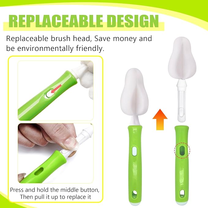 INVODA 12 Piece Sponge Nipple Bottle Brushes, Baby Bottle Brush with 4 Nipple Cleaner, 4 Replacement Heads and 4 Straw Brushes (White)