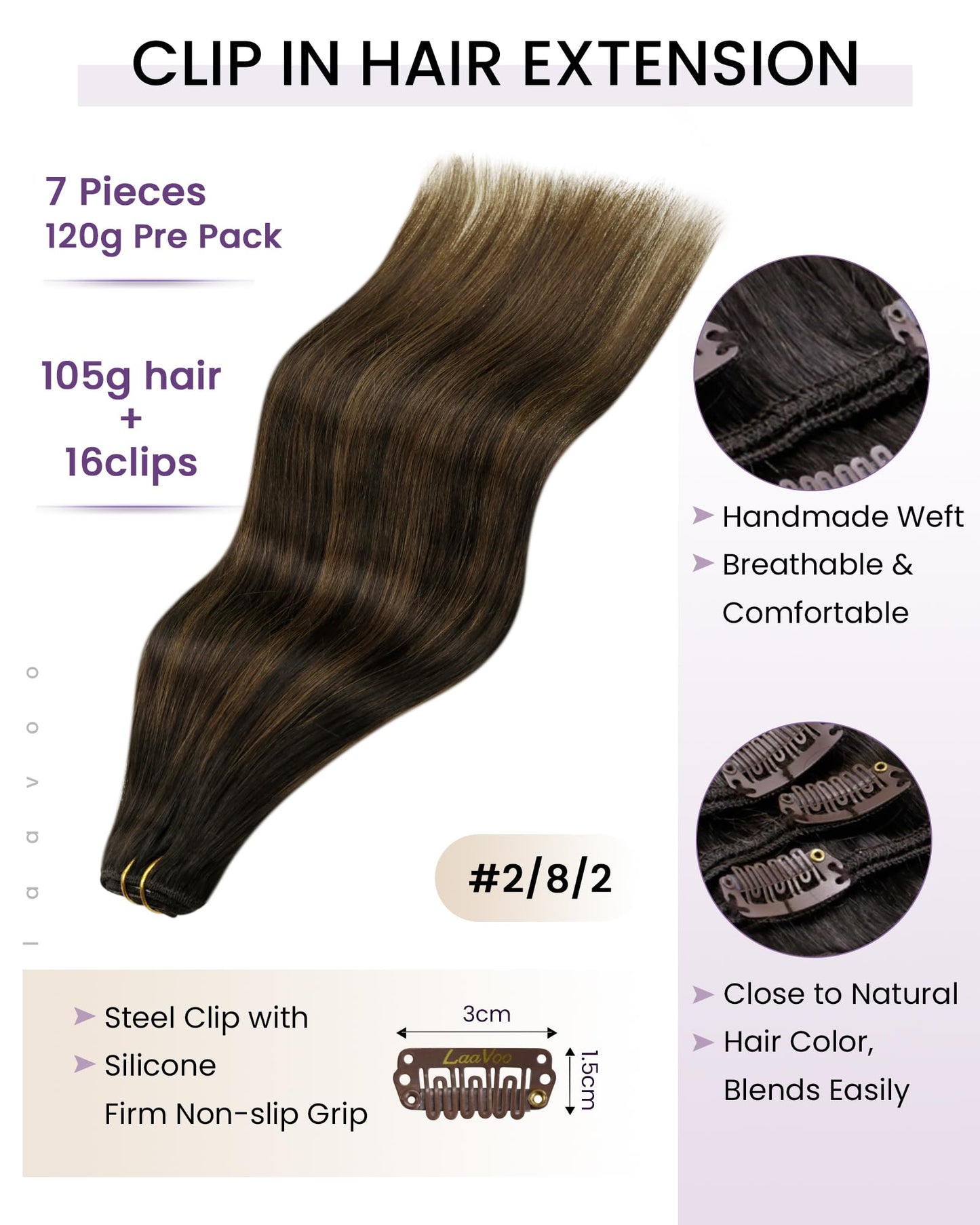 LaaVoo Clip in Hair Extensions Dark Brown Balayage Chestnut Brown Hair Extensions Clip ins Real Human Hair Light Brown Human Hai