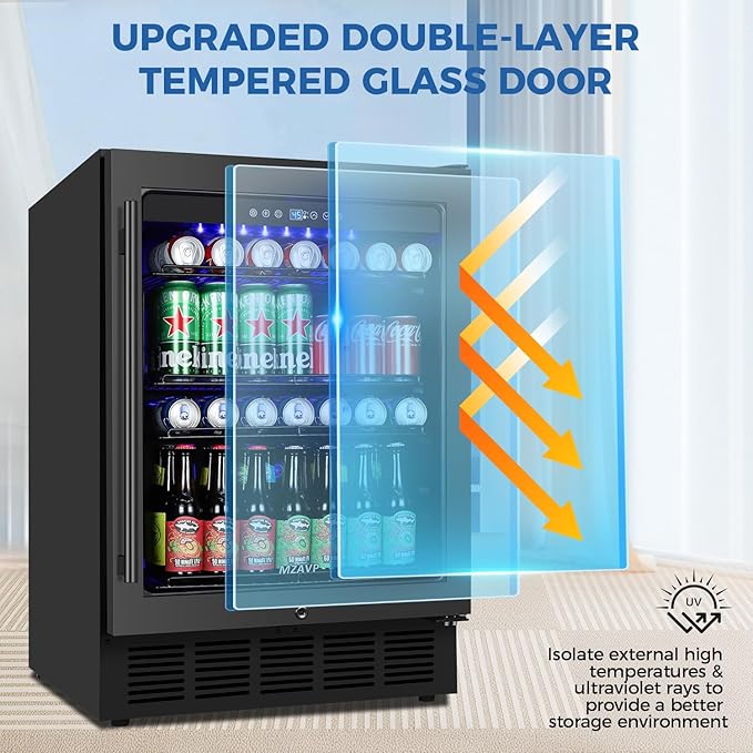 24 Inch Wide Beverage Refrigerator, Under Counter Beverage Cooler with Glass Door, 180 Cans Drink Fridge Built-in/Freestanding Beer Fridge with Powerful Cooling for Home/Kitchen, Black