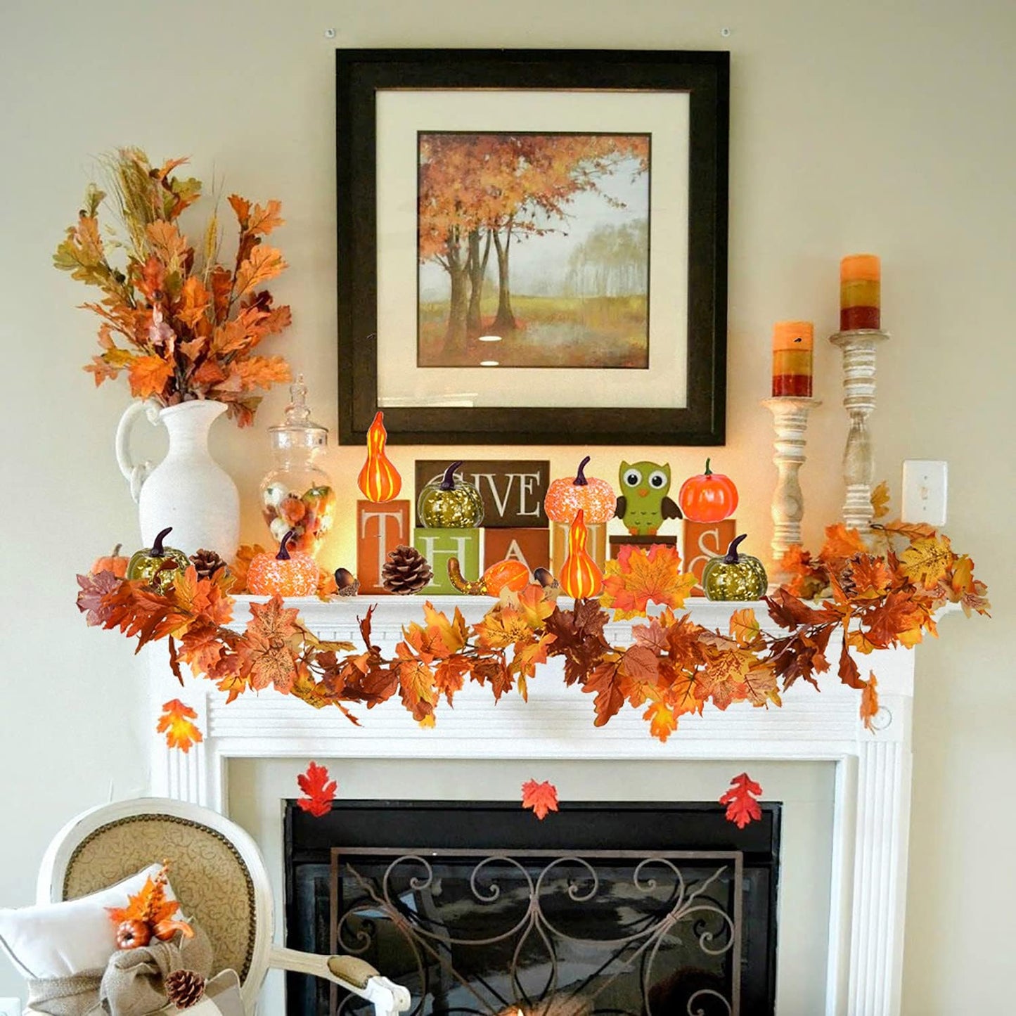 DearHouse 2 Pack Fall Maple Leaf Garland - 5.9Ft/Piece Hanging Vine Artificial Autumn Foliage for Thanksgiving, Home, Wedding, Fireplace, Party, Christmas Decor (Light Orange)