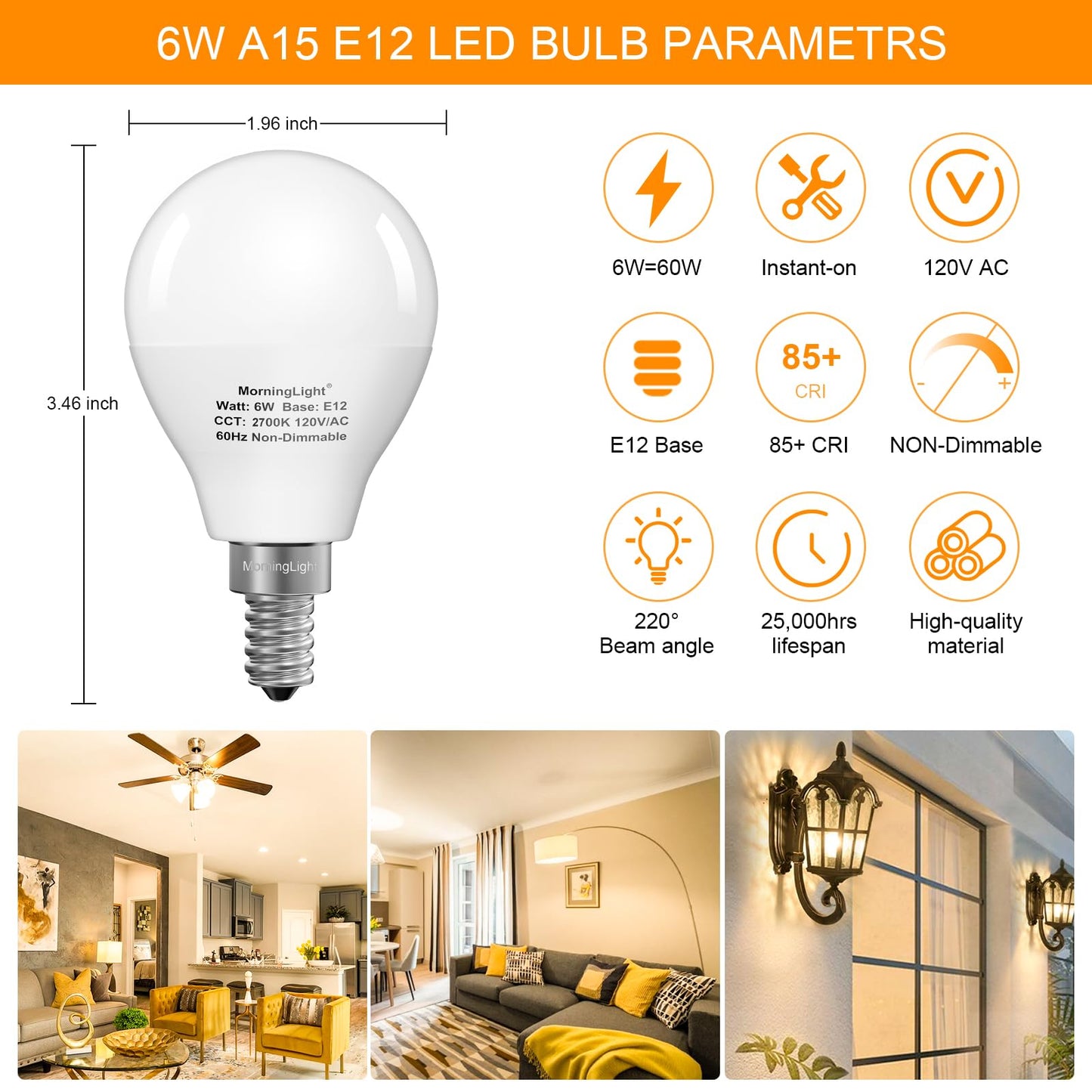 Morninglight A15 Led Bulb 60Watt Equivalent 2700K Warm White  E12 Small Base Candelabra Round Light Bulb  600Lm  Non-Dimmable  A15 Light Bulb For Ceiling Fan  Modern & Rustic Lighting Fixtures  6 Pack