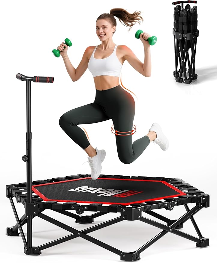 FitNexus 42" Foldable Mini Trampoline- 450lb Capacity Fitness Rebounder w/3-Level Adjustable T-Bar, Adults Workout Trampol...