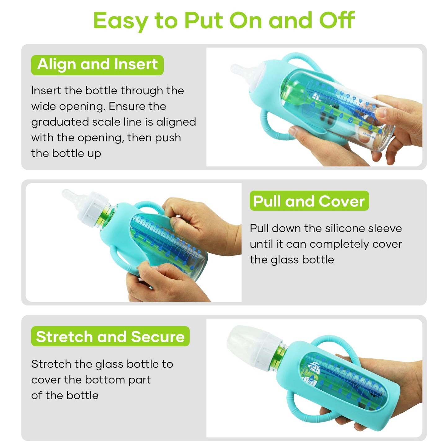4 Pack Silicone Sleeves for Dr. Brown's Glass Baby Bottles, Anti Breakage Durable Baby Bottle Holder with Easy Grip Handles, Narrow Sleeve with a Cutout, Dishwasher/Freezer/Microwave Safe, 8 oz
