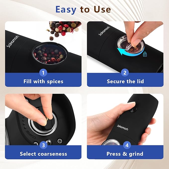 Electric Salt Pepper Grinder Set Rechargeable, Automatic Pepper Mill Shakers with LED Light, Adjustable Coarseness, Dust cover, One-Hand Operation for Kitchen, Black