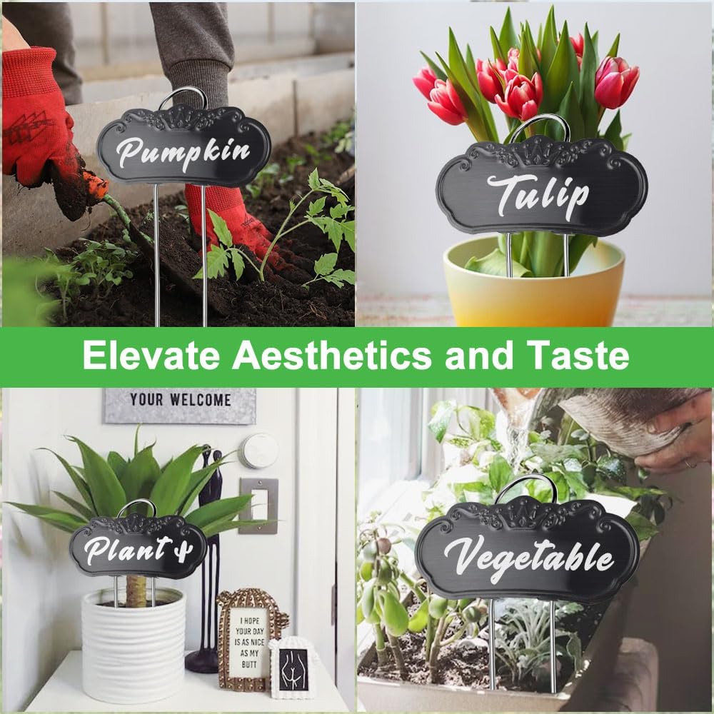 50 Packs Metal Plant Labels, Tall Outdoor Garden Markers for Flowers, Fruits and Vegetables, Weatherproof (Each 25 Pack, 4" x 1.9", Silver and Black)