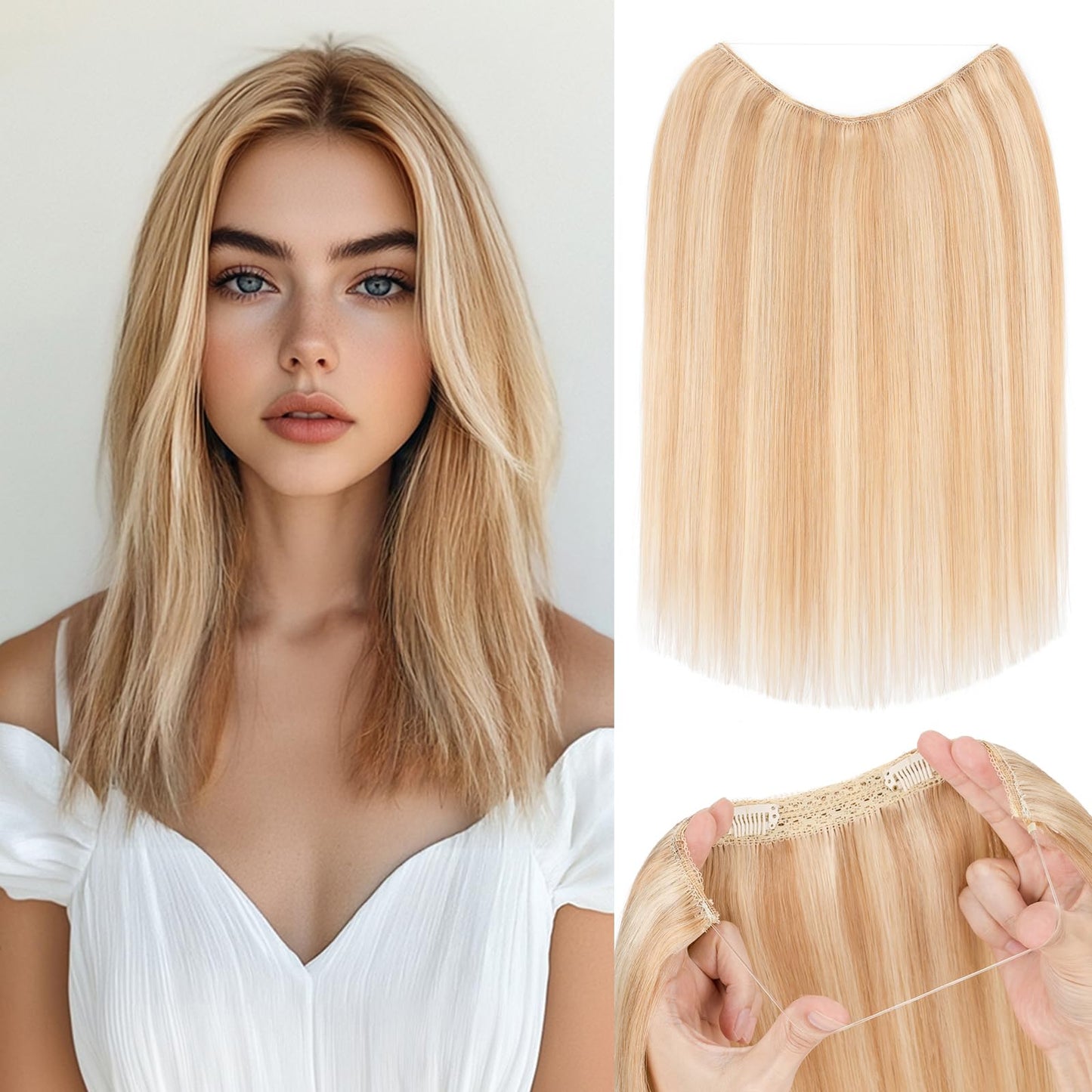 S-noilite Halo Hair Extensions Real Human Hair 12inch Short Straight Halo Hair Extensions for Women Adjustable Ash Blonde/Bleach