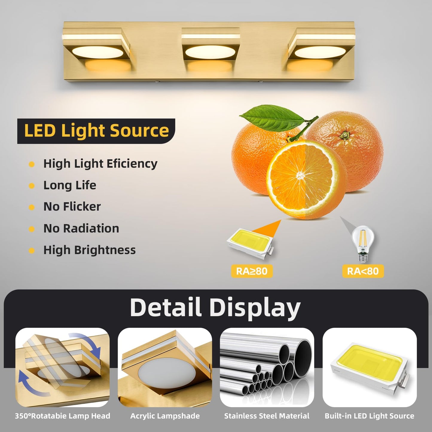 Okeli 3-Light Led Bathroom Vanity Light Fixtures  Gold Modern Bathroom Wall Lighting Fixtures Over Mirror (3Cct  3000K-6000K)