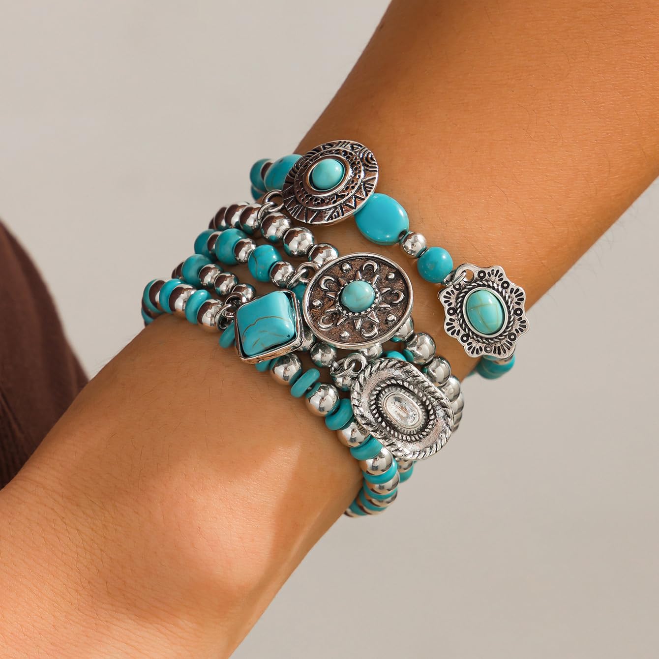 LKingel Turquoise Western Bracelets for Women Bohemian Vintage Stackable Turquoise Bracelet Rustic Beaded Cow Head Charm Stretch