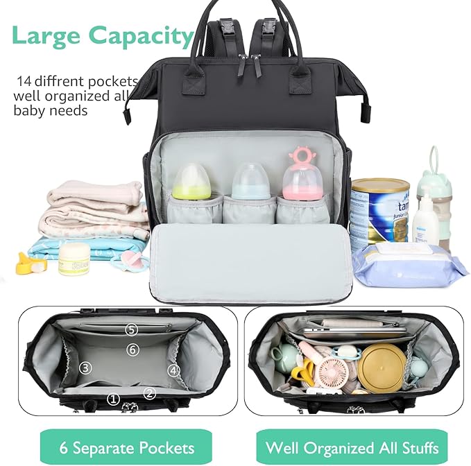 Convertible Diaper Bag Tote, Wide Open Top 14 Pockets Stylish Baby Diaper Bag with Stroller Buckle, Water-resistant (Black-Gold, Extral-large)