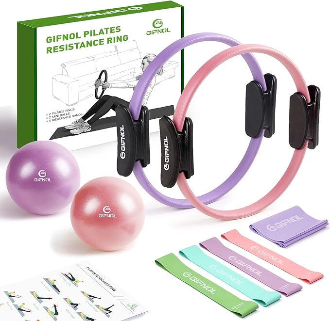 GIFNOL Pilates Ring and Ball Set with Resistance Bands - Pilates Equipment for Home Workout - 14'' & 12'' Pilates Rings, 2...