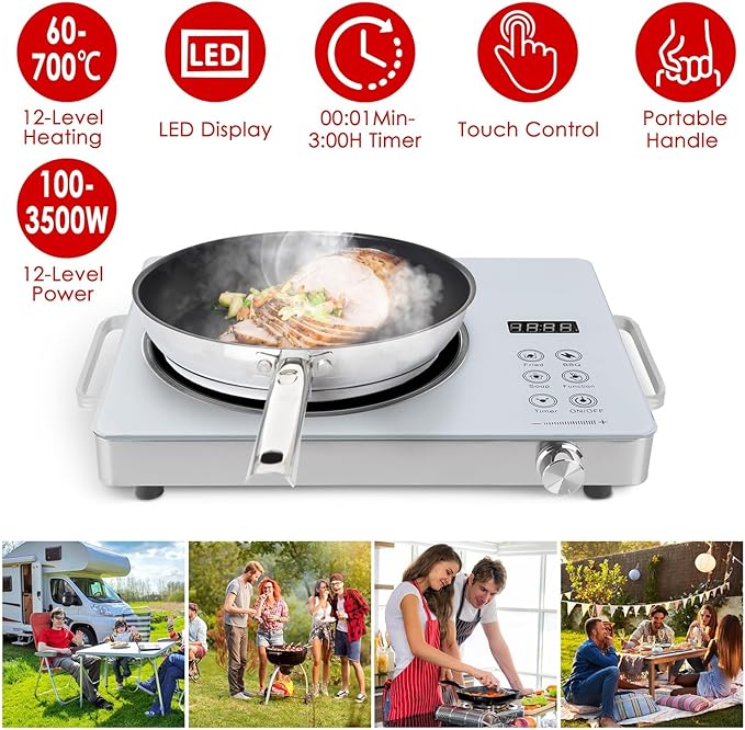 Infrared Electric Cooktop, 3500W Ceramic Single Hot Plates for Countertop, 12 Power Levels 0-3H Timer, Portable Handle, LED Display, Portable Stove for Home RV Camping(White)