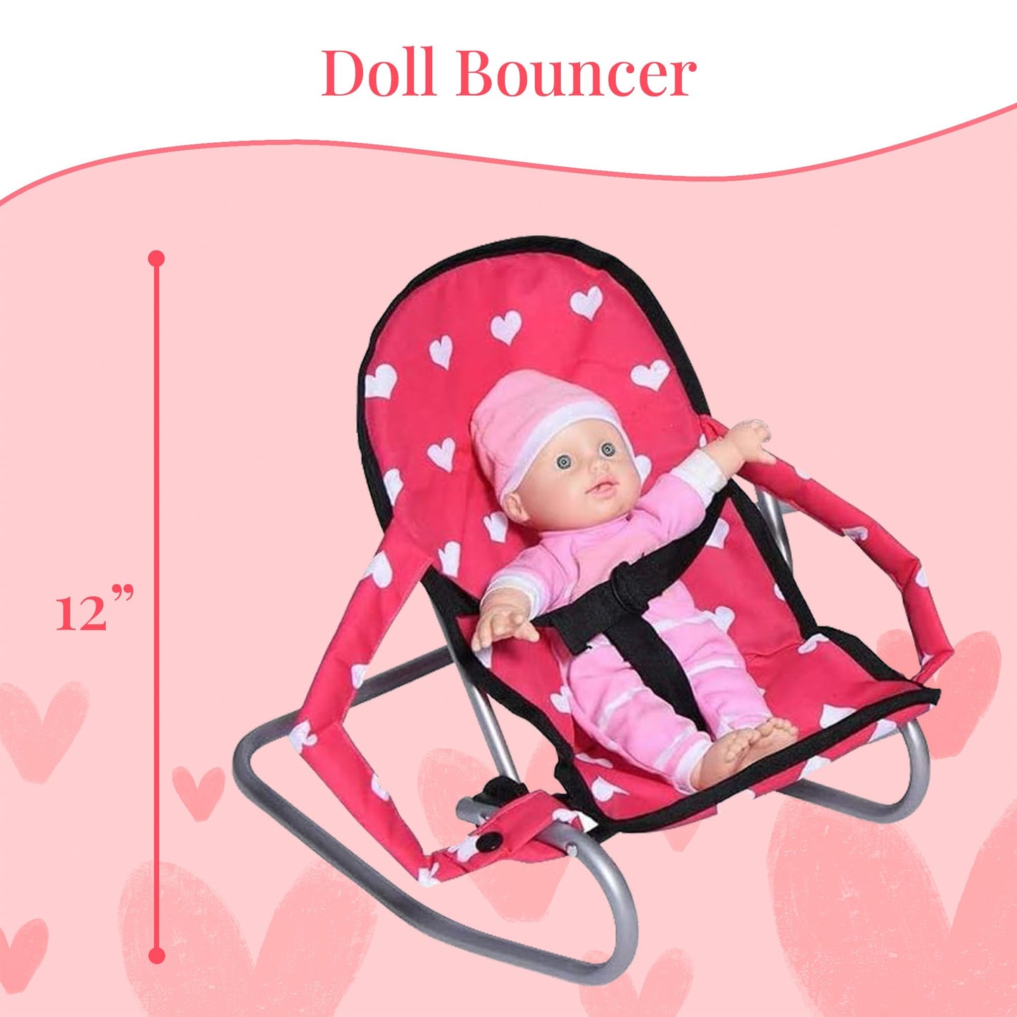 Mega Baby Doll Accessories Set, 3-1 Baby Doll Crib, Baby Doll High Chair & Bouncer Seat. 18 inch Doll Accessories with Doll Bed. 18" Dolls Furniture Play Stuff. Toys for Girls Ages 3-5,4-6,5-7,8-10