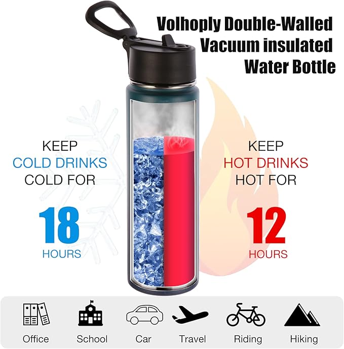 Volhoply 24oz Insulated Water Bottle With Straw Bulk 6 Pack,Metal Wide Mouth Water Bottles With Handle Keep Cold,Reusable Double Wall Thermos,Powder Coated Sport Bottle For Holder(Assorted,6 Count)