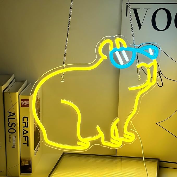 Cool Capybara Neon Sign, Dimmable Capybara Lemon Yellow LED Wall Light, Fun Cute Animal Night light Decor for Teens Room, Bedroom, Game Room, Pet Store, Birthday Party Gift