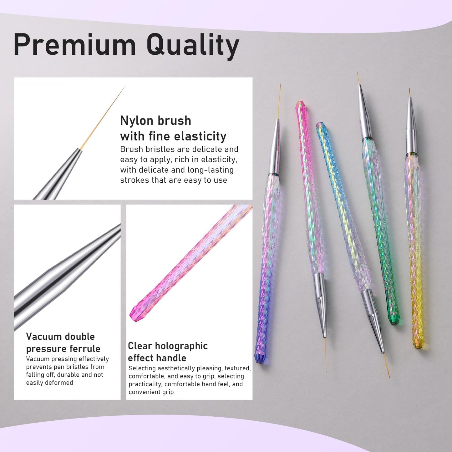 5PCS Nail Art Liner Brushes - Liner Brush For Nail Gel Fine Drawing,Thin Liner Nail Brush Set Size 7/11/15/20/25mm Striper Brush