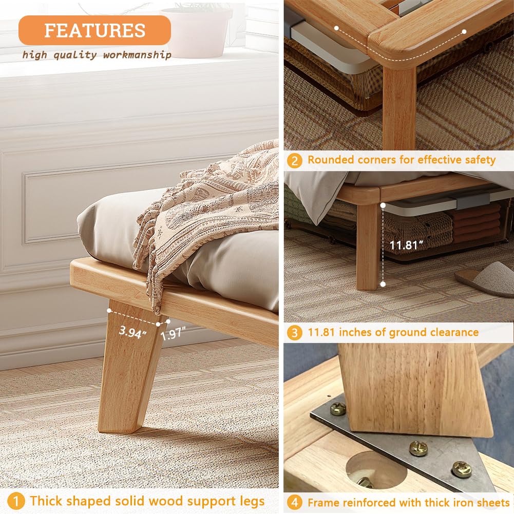 NELYE King Platform Bed Base - 14 Inch Solid Wood Mattress Foundation with Support Slats and Legs, King-Size Rubberwood Simple Bed Frame