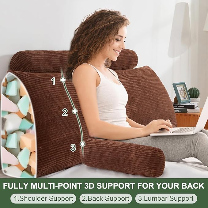 HIGOGOGO Wedge Headboard Pillow, Bed Rest Reading Pillow, Backrest Positioning Support Bolster Cushion with Removable Cover,Queen Size 60X20.4X8.4,Coffee