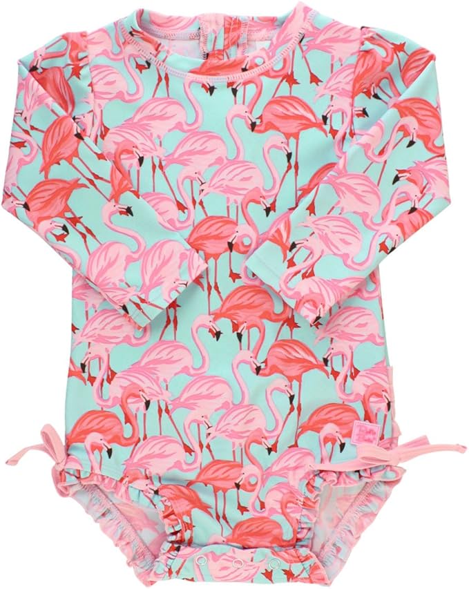 RuffleButts Baby Girls UPF 50+ Sun Protection Novelty Print Long Sleeve One Piece Rash Guard Swimsuit with Zipper
