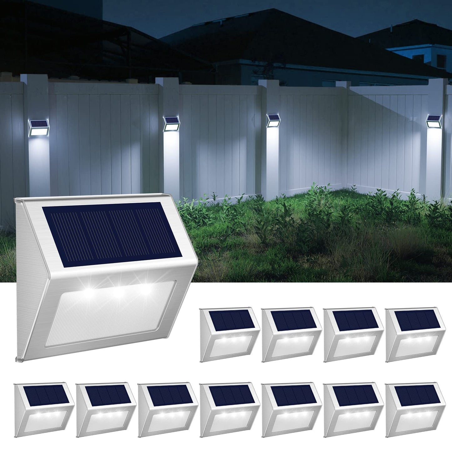 Jsot Outdoor Fence Lights - 12 Pack Solar Powered Stainless Steel Deck Lights, Waterproof Cool White For Garden Pathway