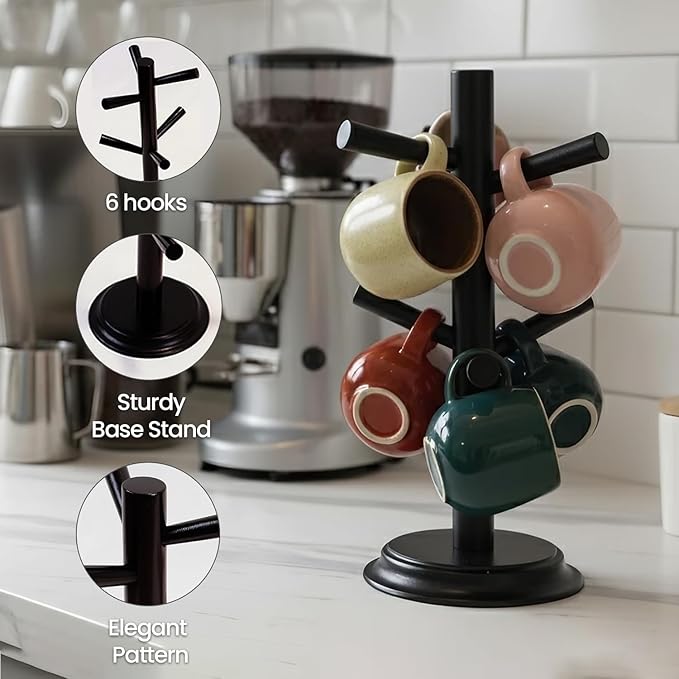 Mug Tree Set of 2 | 13.5"x7"x7", 6 Hooks Cup Holder with Thick Rubberwood Base, Wooden Coffee Mug Holder Stand for Countertop, Kitchen Table, Cup Organizer Rack for Mugs or Utensils
