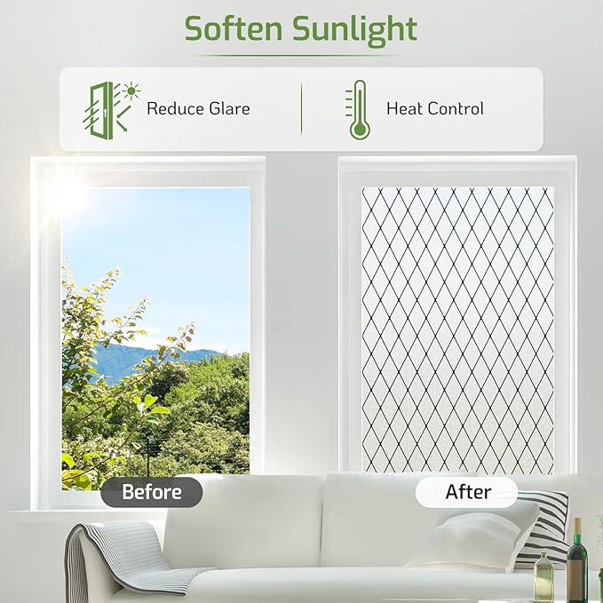 LUTE Frosted Window Privacy Film, Static Cling UV Sun Blocking Heat Control Window Cover, Removable Non-Adhesive Glass Sticker Vinyl Decorative Bathroom Frosting Decals, Black Lattice, 17.5" x 118.1"