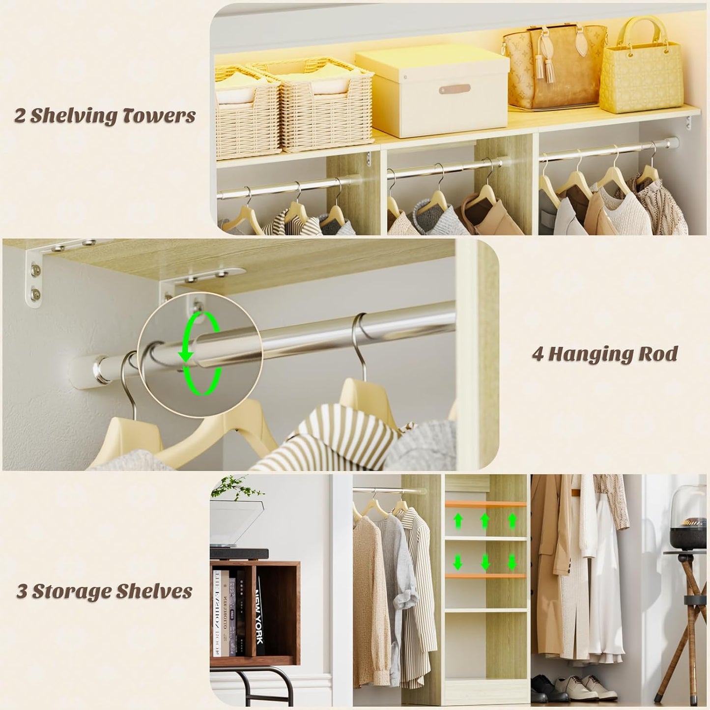 48" Small Closet Organizer, 4FT Small Closet System with 4 Closet Rods & 3 Shelves, 80"H Small Closet Organizers and Storage for Small Bedooms, Cloakrooms, Laundry Rooms, White Oak