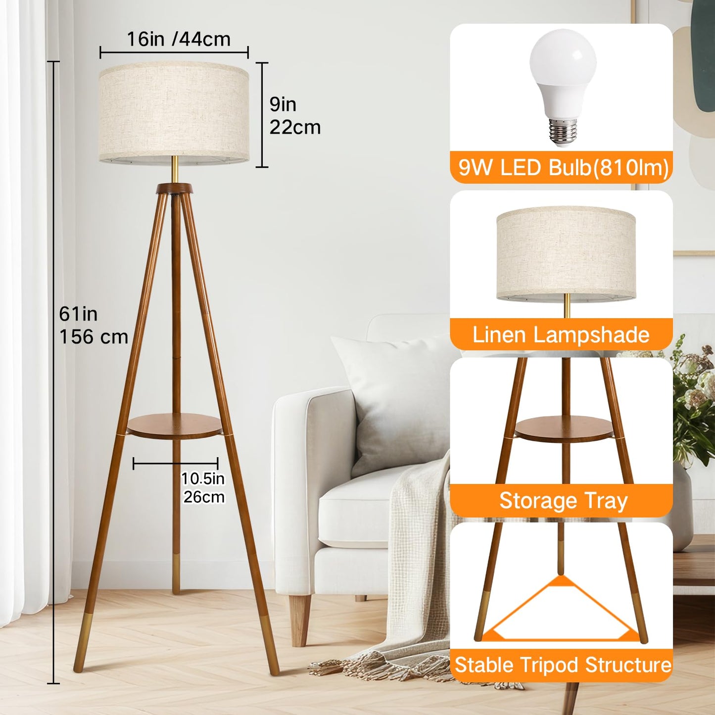 OUTON Wood Tripod Floor Lamp with Remote Control, Dimmable LED, 4 Color Temperatures, Walnut & Gold