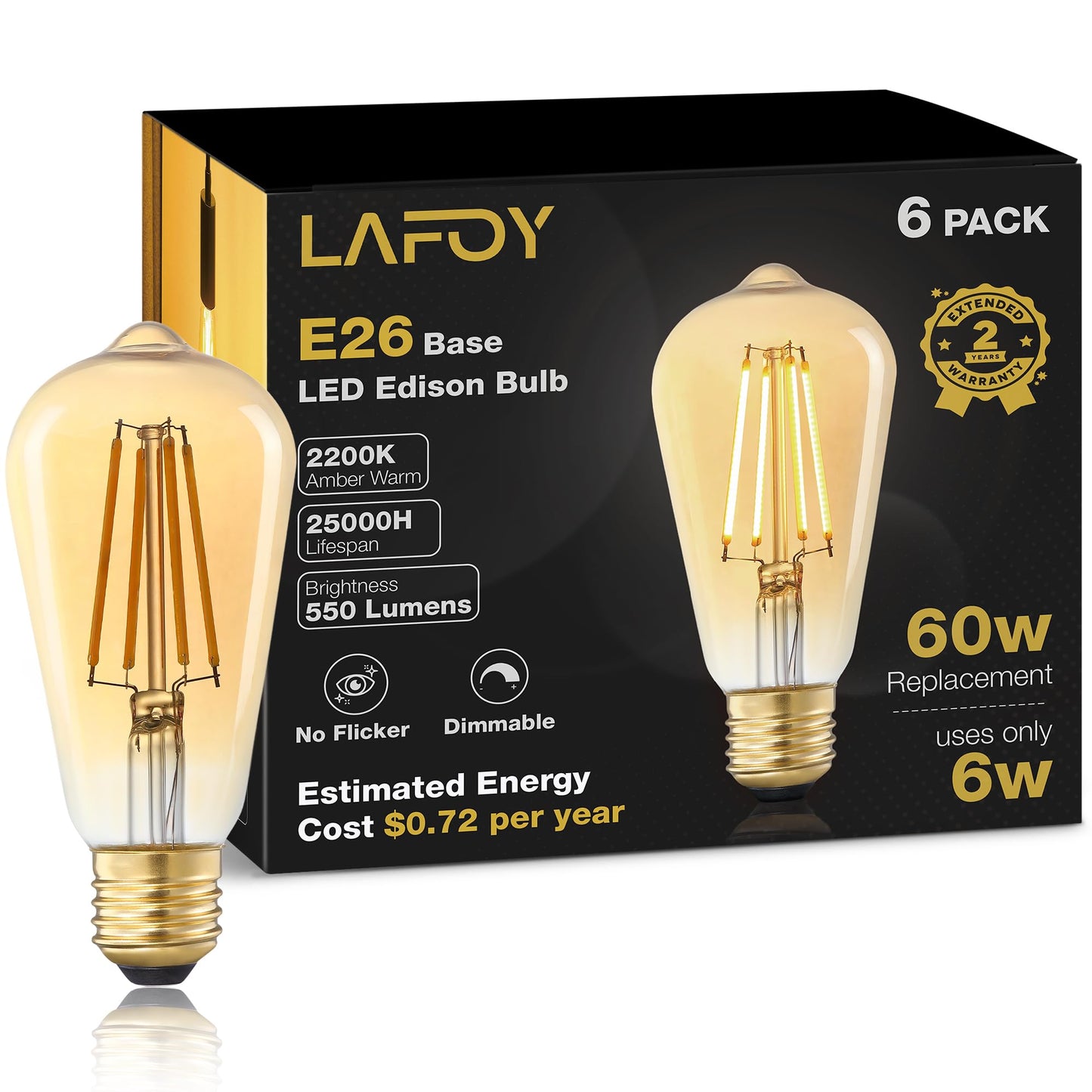 Lafoy Amber Edison Light Bulbs 2200K Soft Warm, E26 LED Bulb 60 Watt Equivalent, 6W ST58 Teardrop Antique Style 60W Replacement, 550 Lumen Medium Base Lightbulbs, 120V 6 Pack