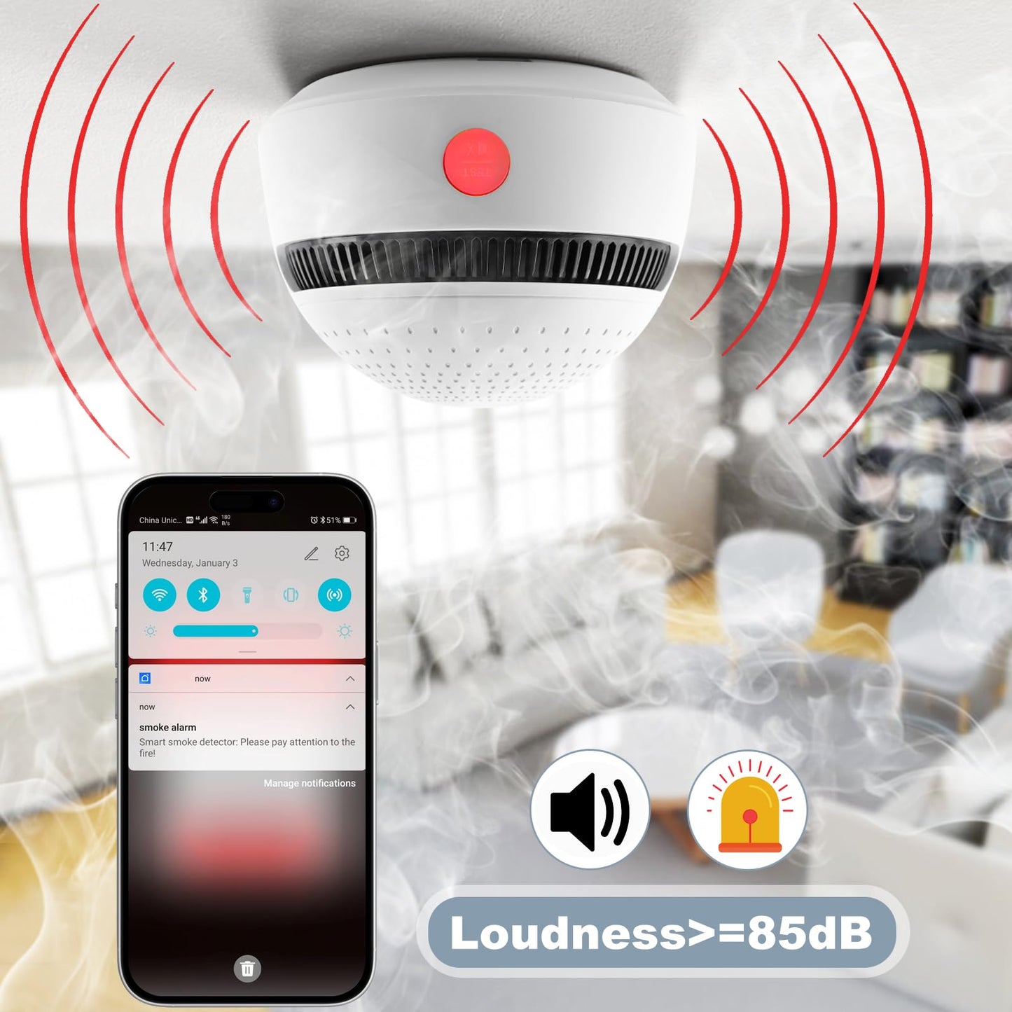 3-Pack Smart Smoke Detector,Wi-Fi Smoke Detector Fire Alarm with Smart Life App Notifications,10-Year Replaceable Battery,Mini Size for Home, RV