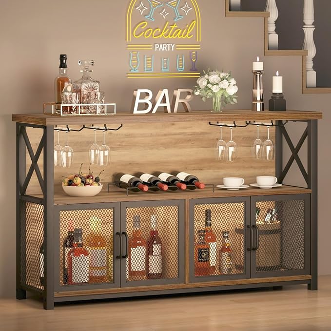 LVB Wine Bar Cabinet, Industrial Sideboard Buffet/Coffee Bar Cabinet for Liquor and Glasses, Farmhouse Metal Wood Rack Cabinet for Home Living Dining Room Kitchen, Rustic Oak, 47 Inch