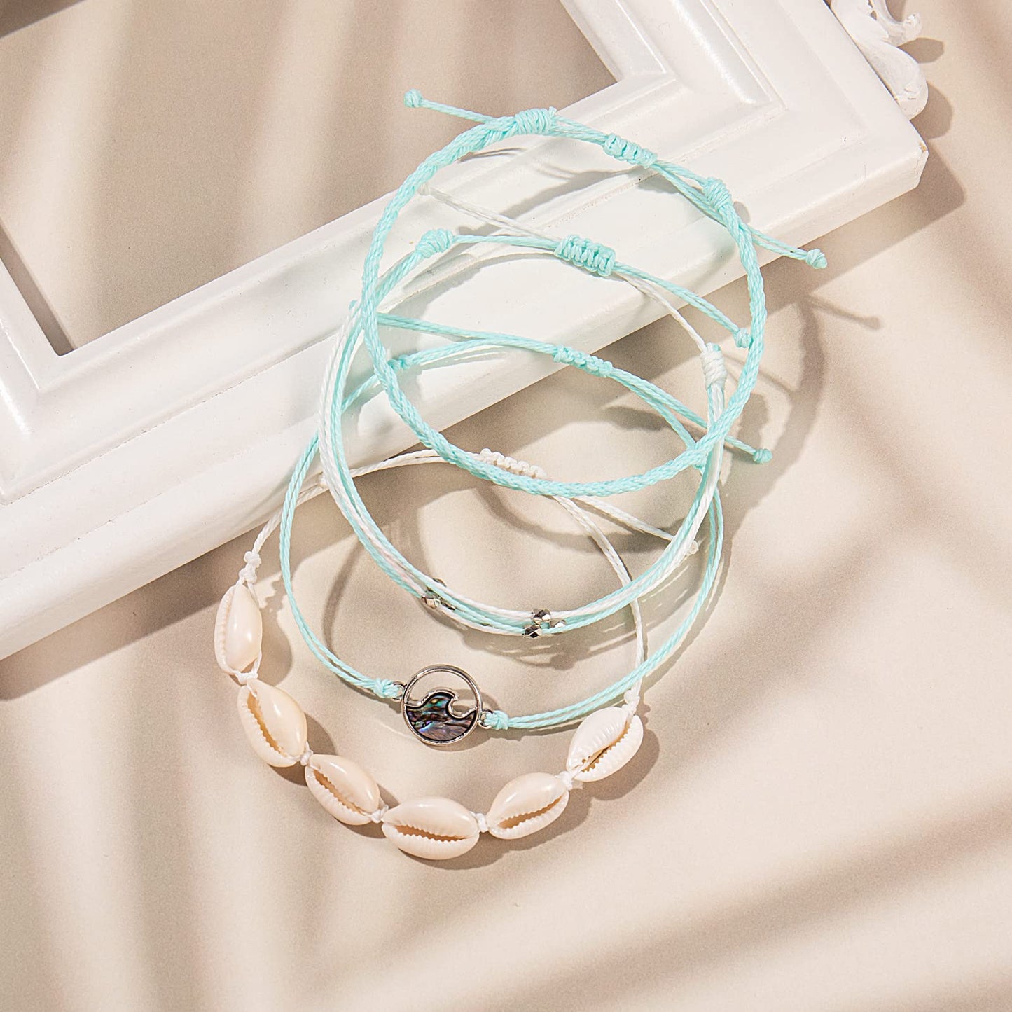 FANCY SHINY Wave String Bracelets Braid Puka Shell Bead Bracelets Handmade Cute Trendy Boho Abalone Jewelry Gifts for Women(Teal