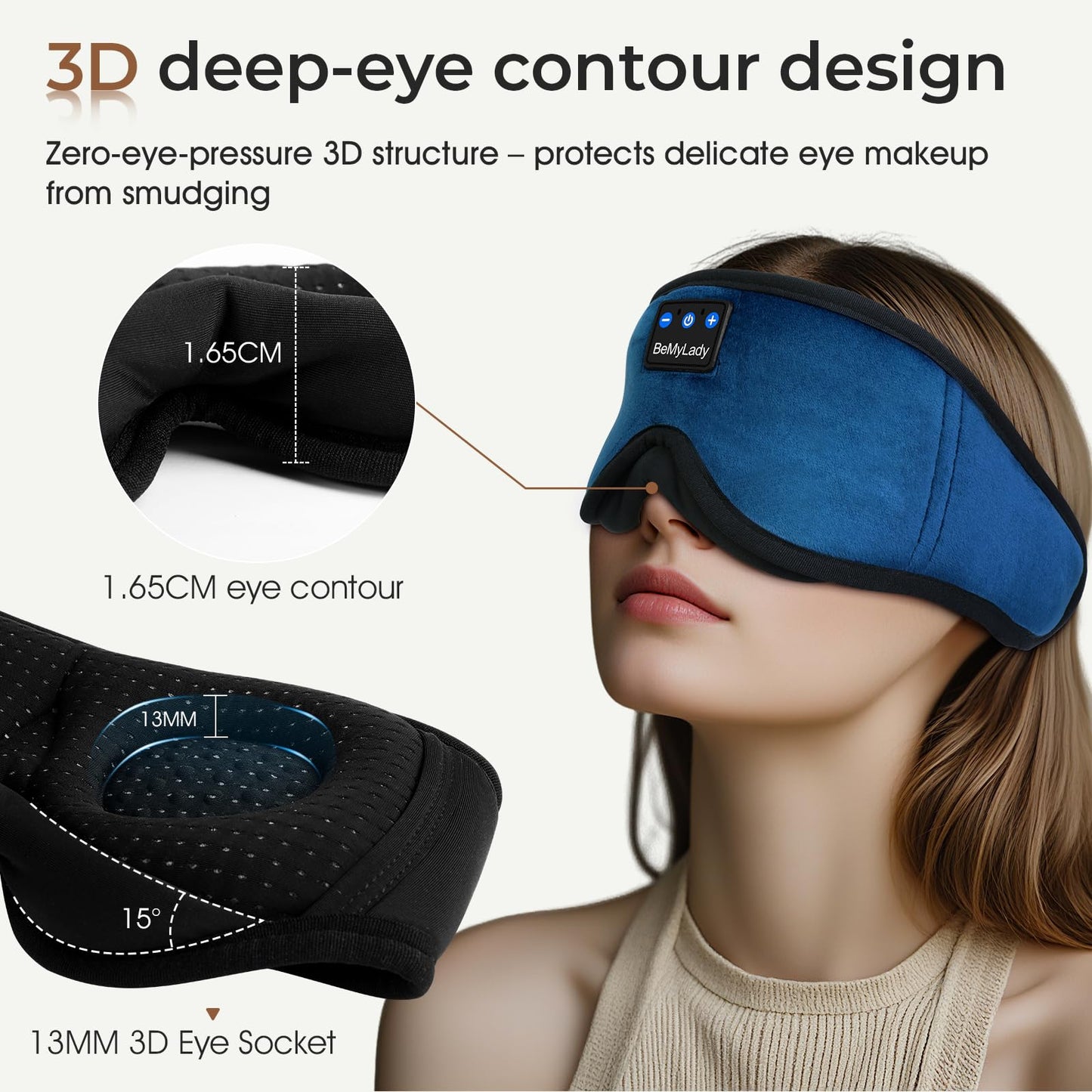 BeMyLady Sleep mask Headphones,100% Blackout 3D Zero Eye Pressure Bluetooth Sleep mask Breathable Eye mask with Bluetooth Headphones Sleep Headphones for Side Sleepers, 14H Playtime&Bluetooth 5.4 Blue