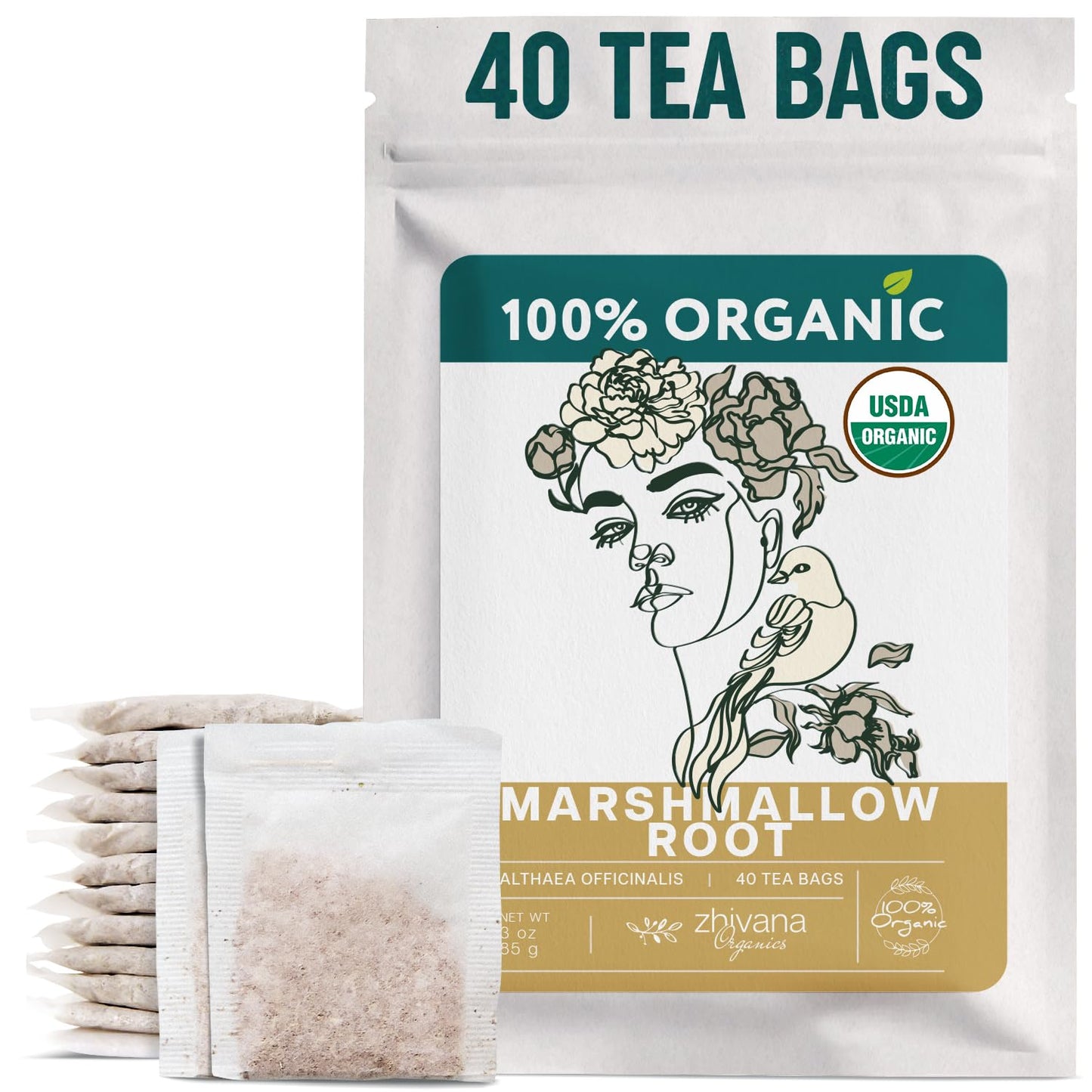 Marshmallow Root Tea Organic (40 Tea Bags) - Medicinal Teabags to Support Throat & Digestive Comfort (Althaea Officinalis) - Caffeine-Free  Non-GMO