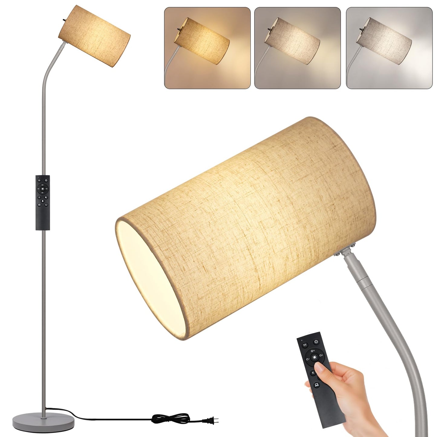 Ldeco Standing Lamp with Remote Control, Adjustable Metal Floor Lamp for Living Room, Bedroom, Office, Beige/Silver, Model JS0002FL