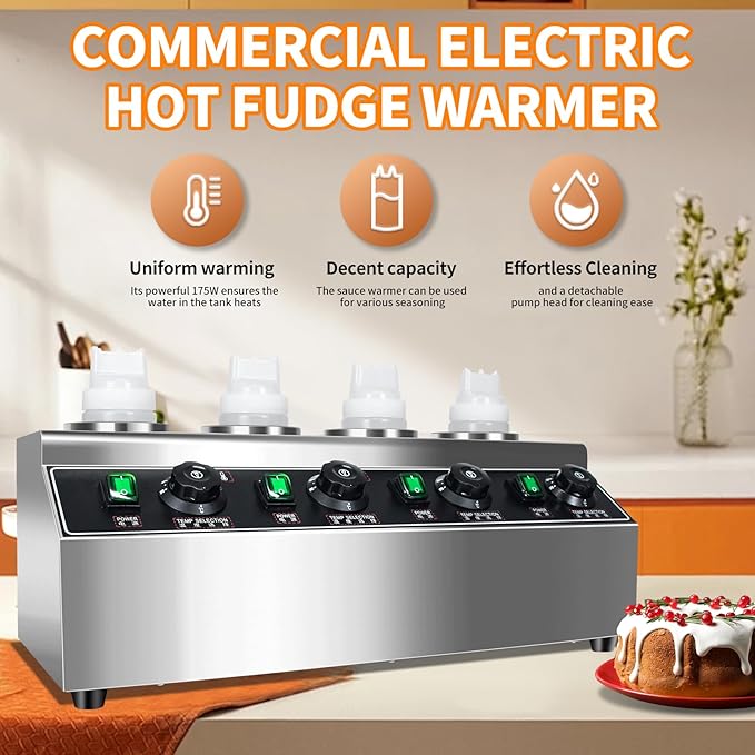 Commercial Electric Cheese Sauce Warmer Dispenser,0.68x4 Qt Hot Chocolate Nacho Cheese 86-185℉ Heater Hot Fudge with Bottles Adjustable