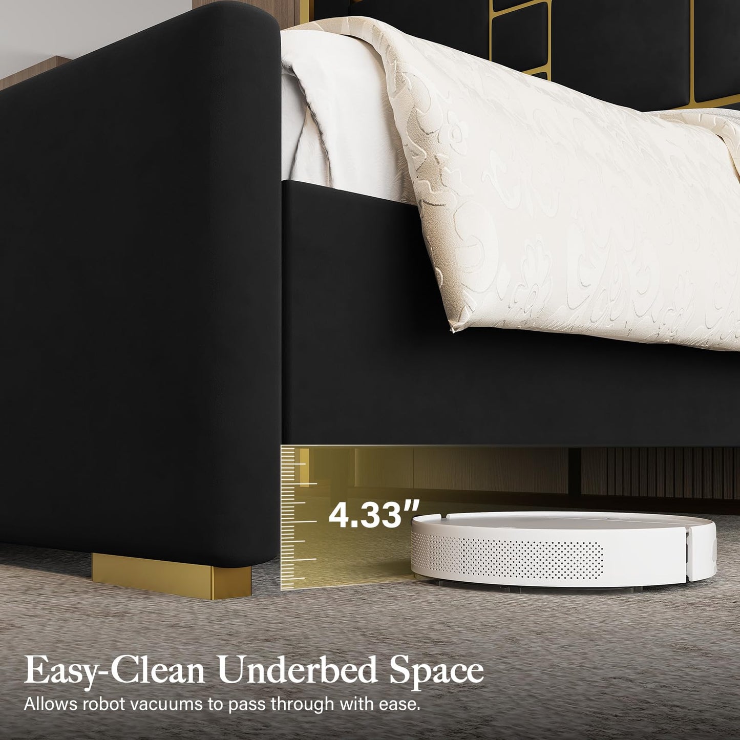 Uteeran King Size Bed Frame with 55.12" Tall Headboard, Modern Luxury Velvet Upholstered Platform Bed with Gold Trim, Wide Wingback Design, Noise-Free, Easy Assembly, No Box Spring Needed, Black