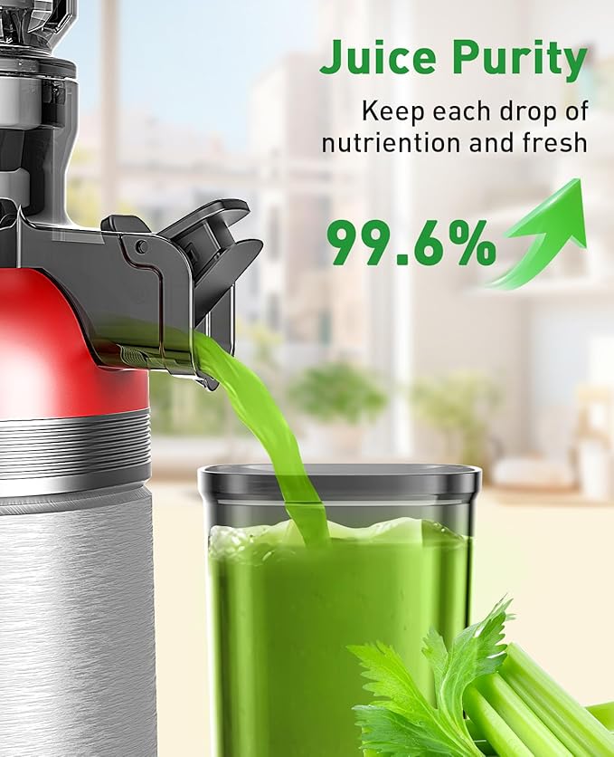 Cold Press Juicer Machines with Wide Feed Chute, Slow Masticating Juicer Maker for Whole Vegetables & Fruits, High Juice Yield, Easy to Clean, Large Auger Extractor, Red