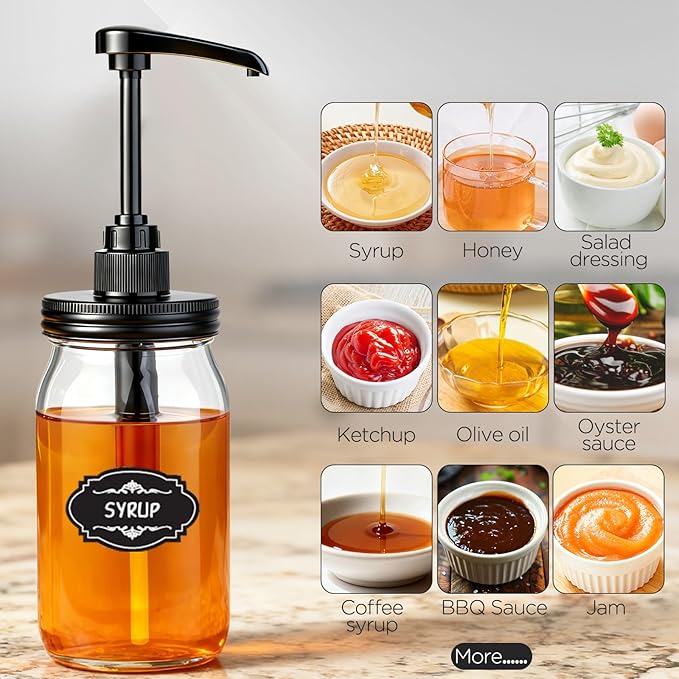 2 Pack Syrup Dispenser Kit for Mason Jar, Plastic Dispenser Pump and Lid for 16OZ to 33OZ Regular Mouth Mason Jar, Food Grade&10ML Pump for Maple Syrup, Honey, Ketchup, Home and Commercial