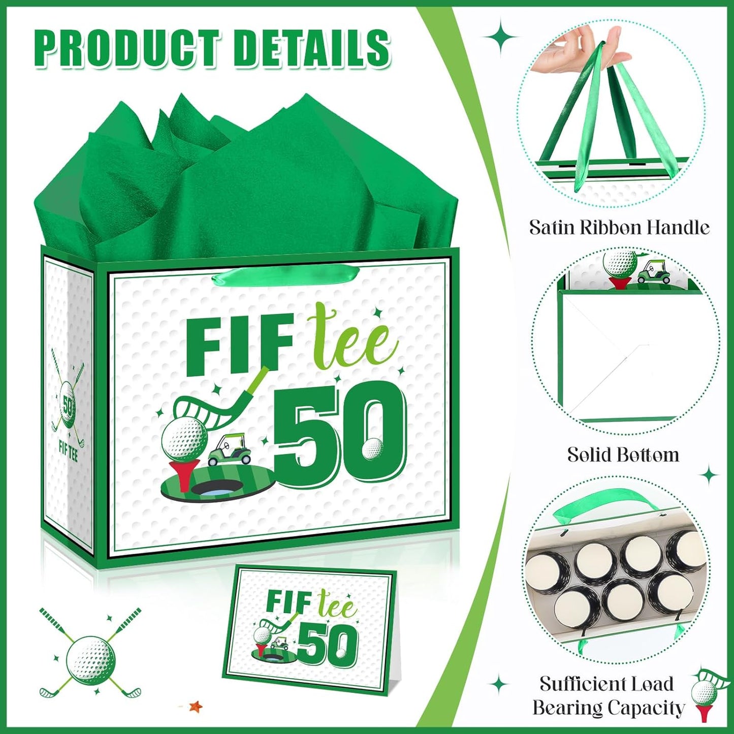 Quirkistry Golf 50th Birthday Gift Bag for Men Golf Happy Fifty Birthday Party Gifts bag with Tissue Paper Greeting Card Fif-Tee Bday Gift Wrapping Bag for Sports Themed Party Decorations Supplies