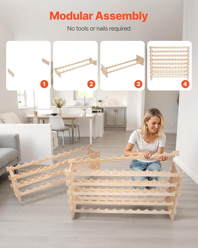VEVOR 96 Bottle Stackable Modular Wine Rack, 8-Tier, Floor Freestanding Wine Storage Rack, Solid Wood Wines Display Shelf, Wobble-Free Shelves, Easy Assembly, for Kitchen, Cellar, and Bar, Natural