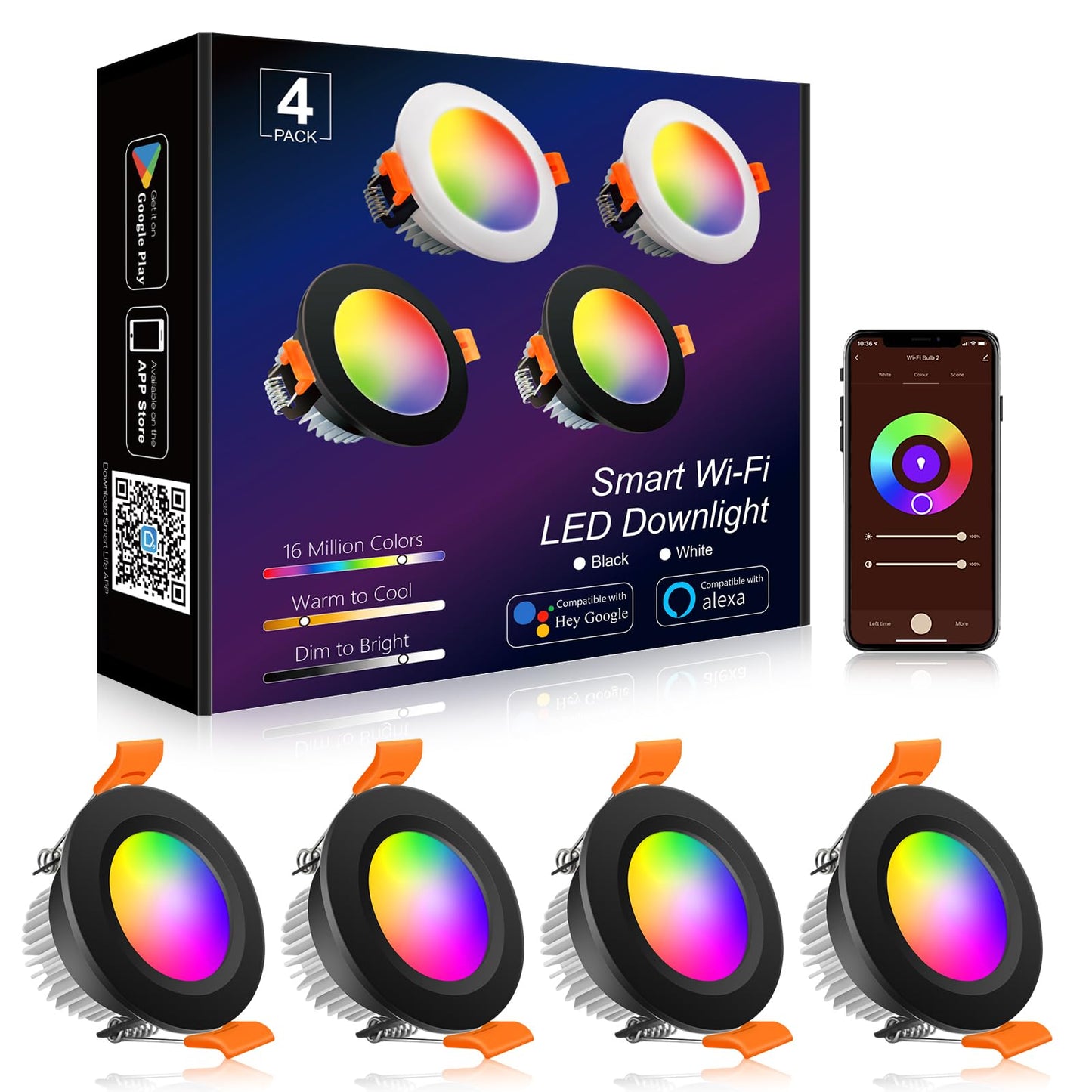 YGS-Tech Smart LED Recessed Lighting Downlight, RGB Color Changing, 3 Inch, 5W, Dimmable, 4 Pack, Aluminum, Compatible with Alexa/Google Home