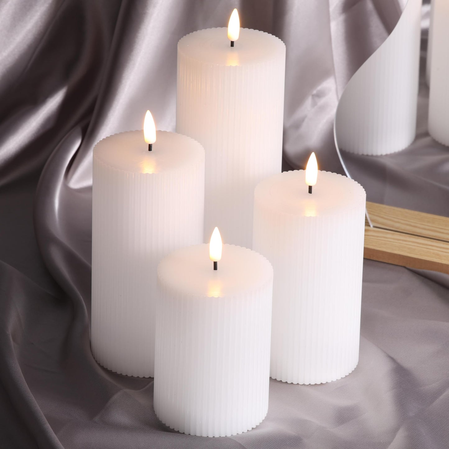 Girimax White Ribbed Flameless Pillar Candles with Remote, Flat Top Flickering LED Wax Battery Candles Set of 4, Φ 3" H 4" 5" 6" 8"