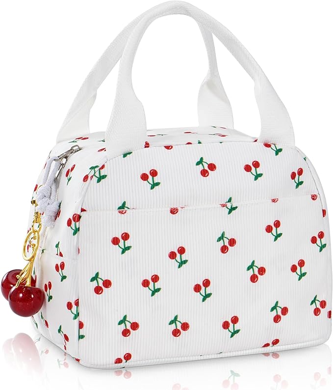 Lunch Bag for Women Cherry Insulated Lunch Box Reusable Cooler Bag Portable Cute Corduroy Leakproof Tote Bags with Keychain for Travel, Work, and Picnic
