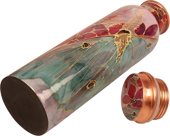 Pure Copper Water Bottle - Handcrafted - Ayurveda Health Benefits - Large 35 oz - Leak proof - Easy to carry for Sports, Fitness, Yoga, School - Textured Red Floral Patterns